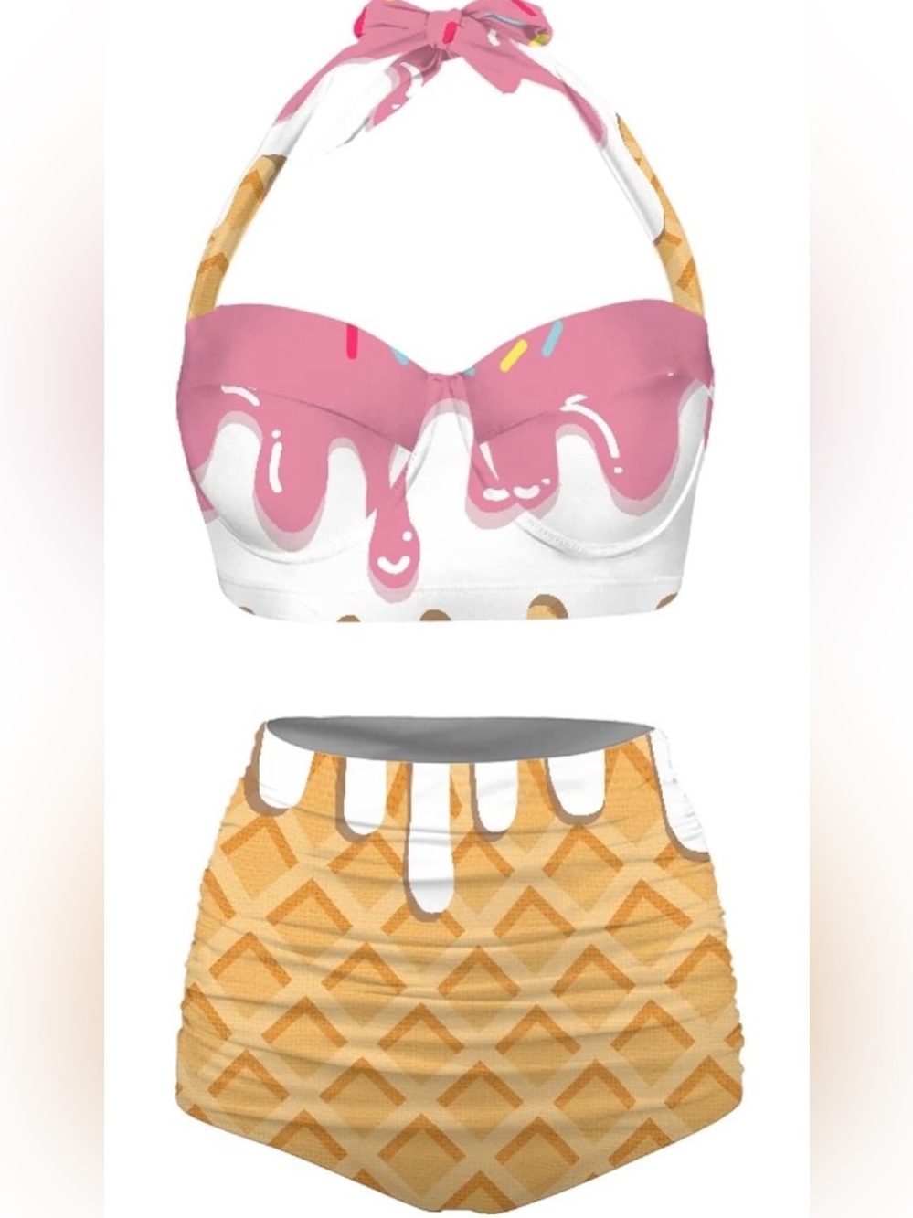Women's Retro Ruched Ruffle Ice Cream Print High-Waist Bikini Set - Picture 5 of 7